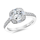 Baguette-Accented Cushion-Shaped Halo Diamond Engagement Ring W/ Channel-Set Illusion
